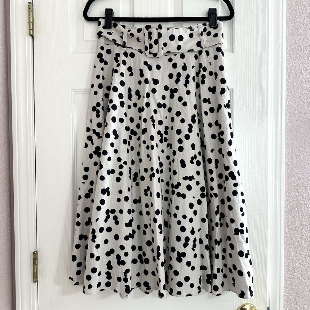 Tahari Cream and Black Polka Dot Midi Skirt with Belt - Picture 2 of 5